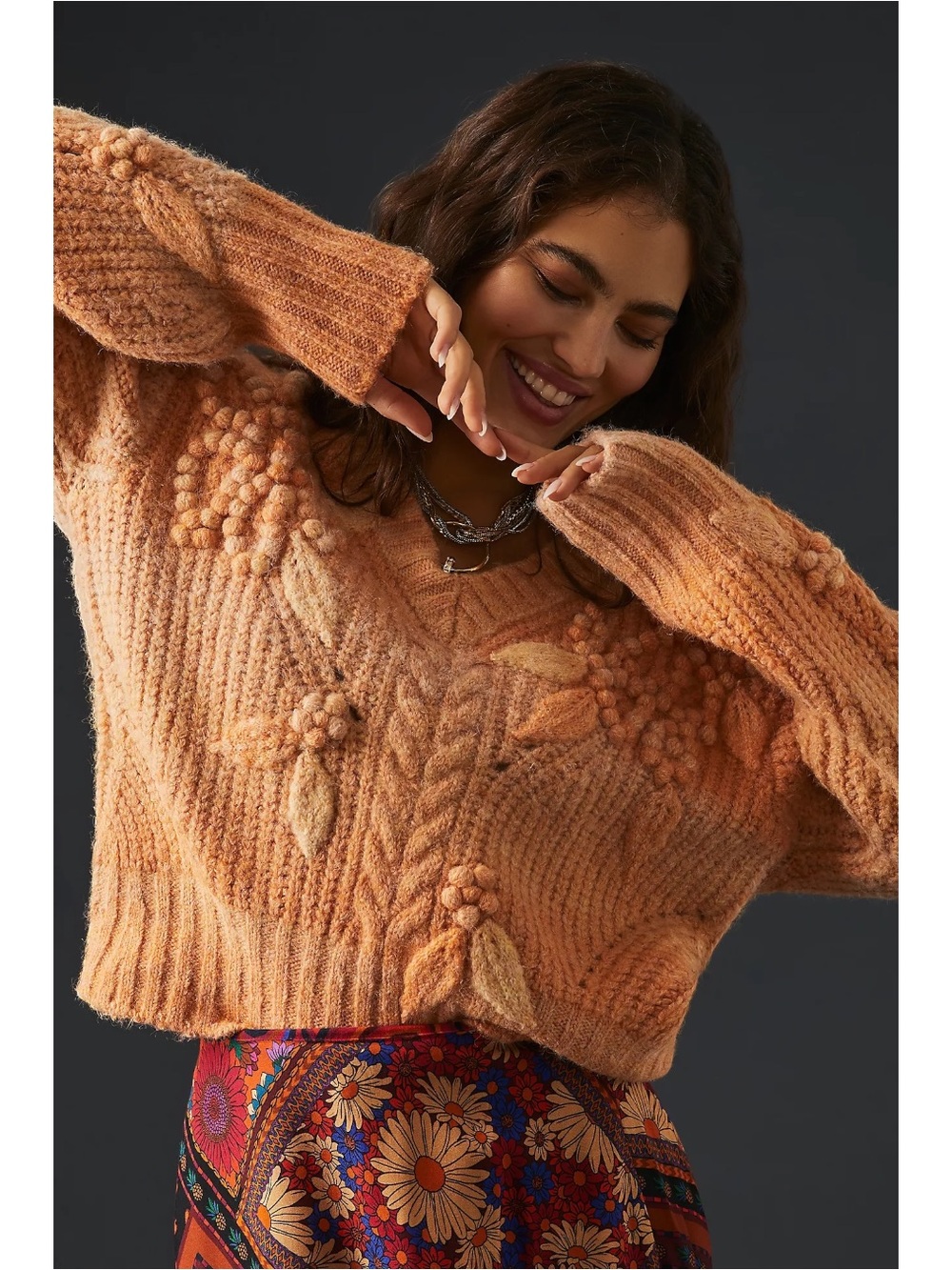 Anthropologie Wool Blend Bauble V-Neck Chunky Knit Sweater Size Large Ombre
